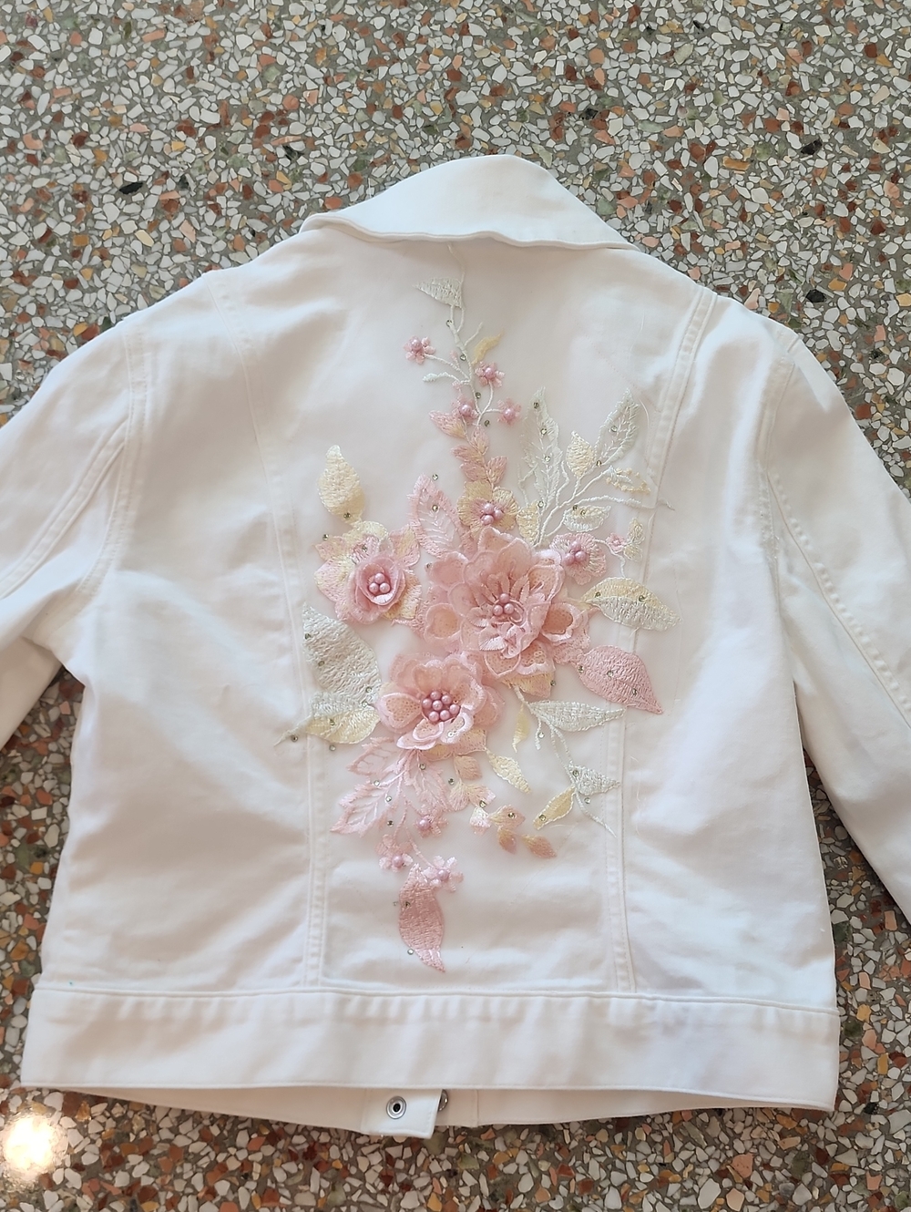 Women's White Denim Jacket with Pink 3D Floral Appliqué